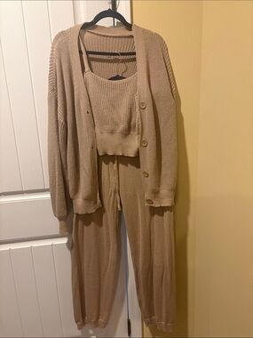 Cozy Rib-Knit Tank, Cardigan & Jogger Set - Beige